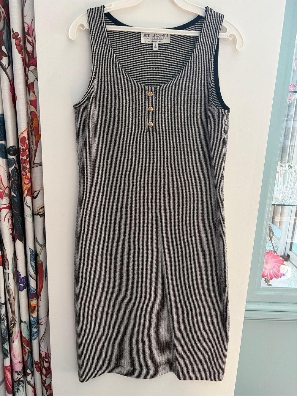 St. John Black & White Sleeveless Knit Midi Dress with Gold Buttons